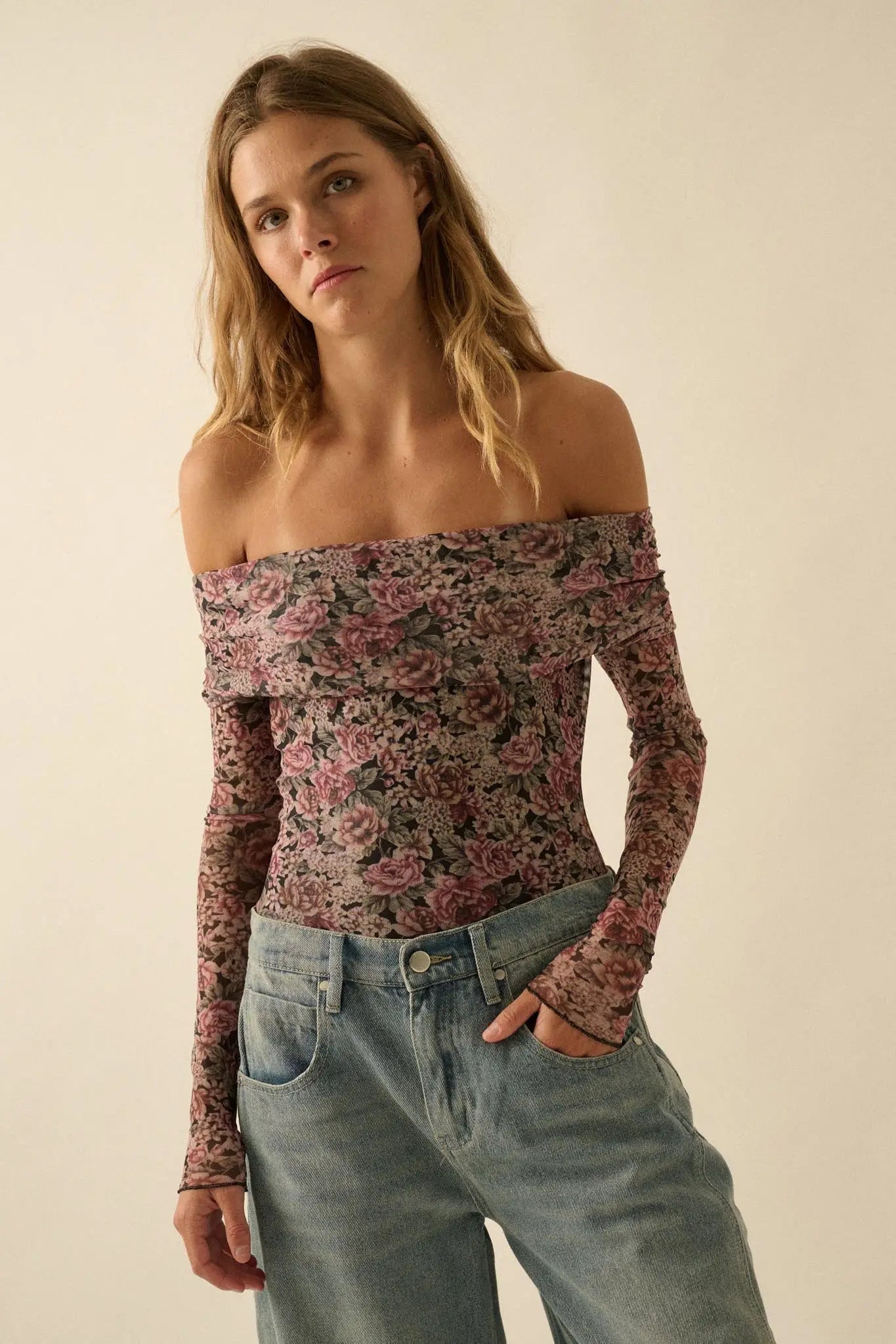 Poetic Petals Floral Mesh Foldover Bodysuit