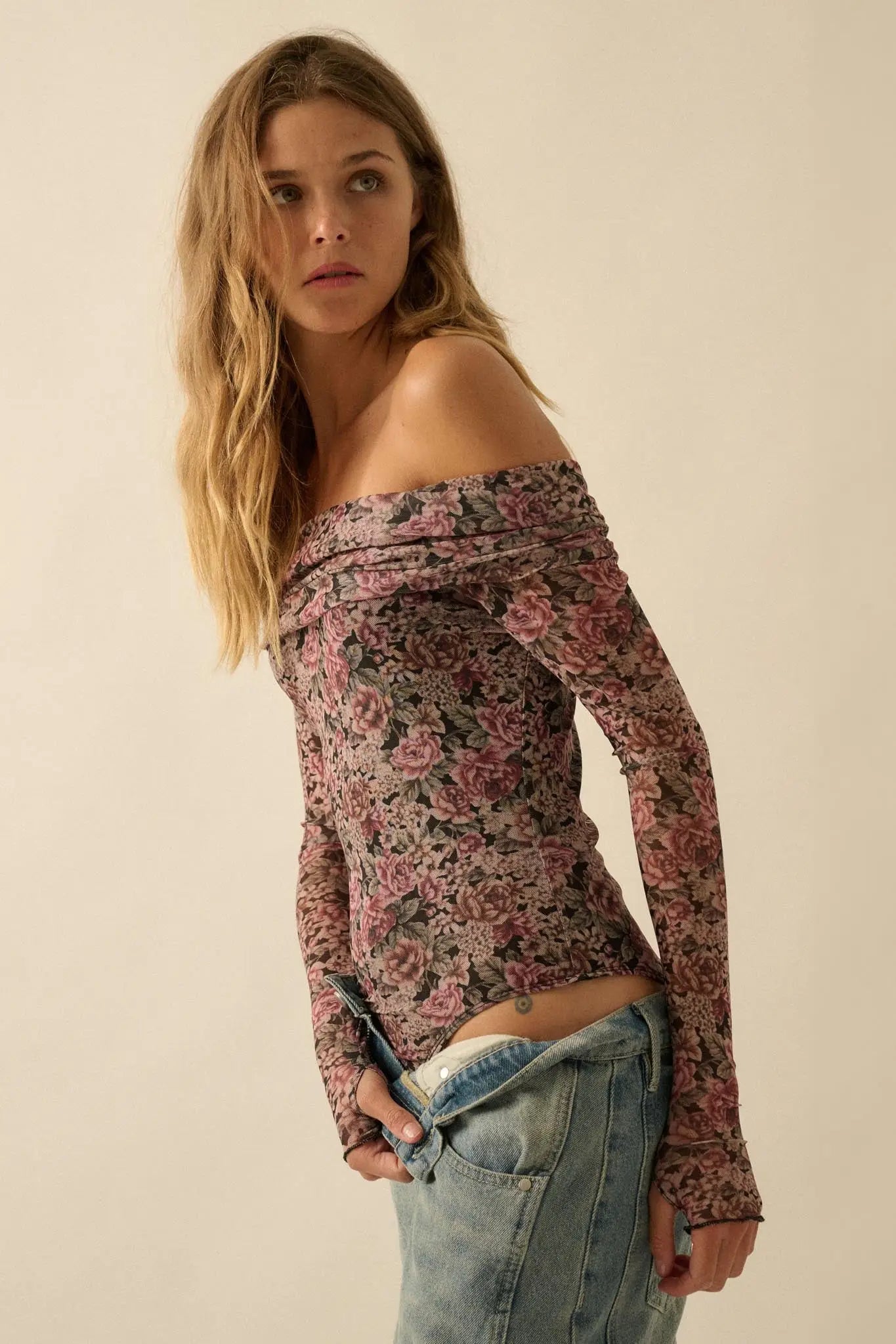 Poetic Petals Floral Mesh Foldover Bodysuit