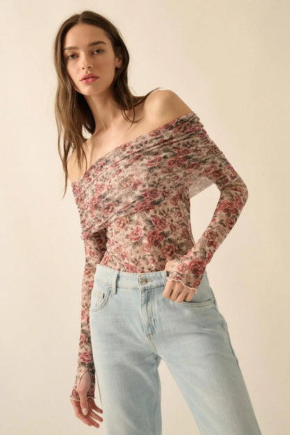 Poetic Petals Floral Mesh Foldover Bodysuit