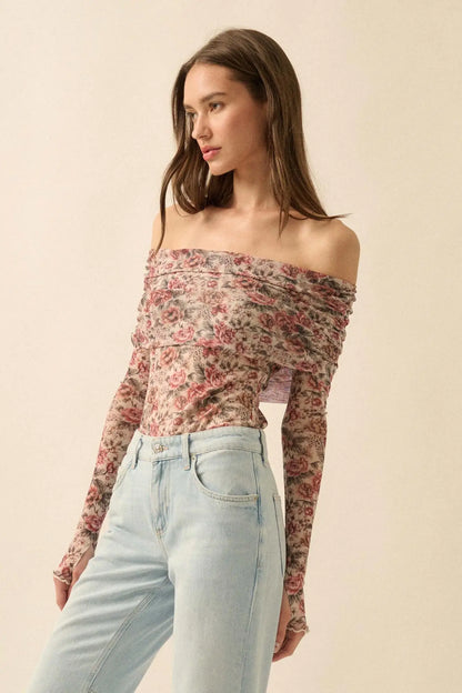 Poetic Petals Floral Mesh Foldover Bodysuit