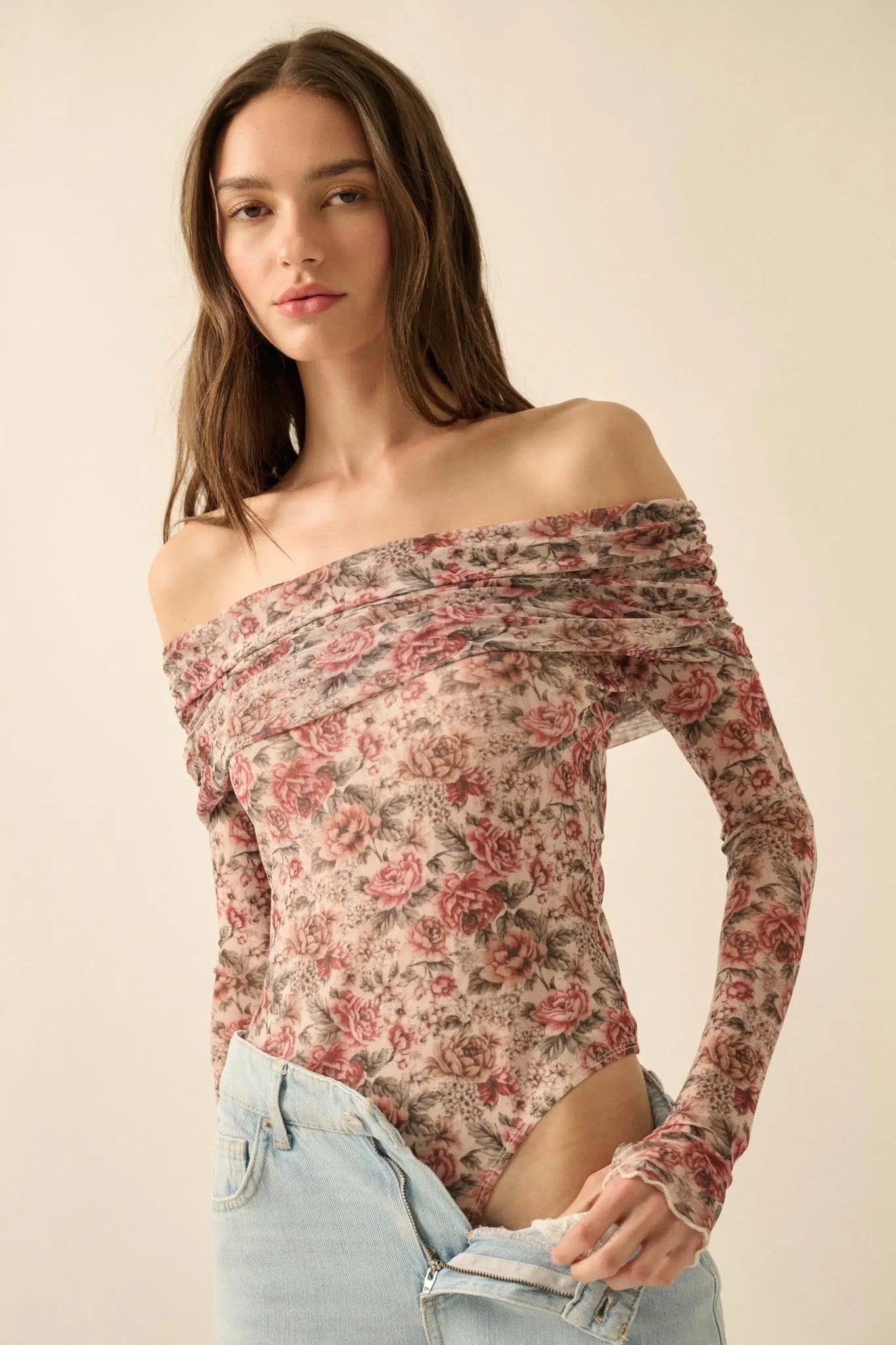 Poetic Petals Floral Mesh Foldover Bodysuit