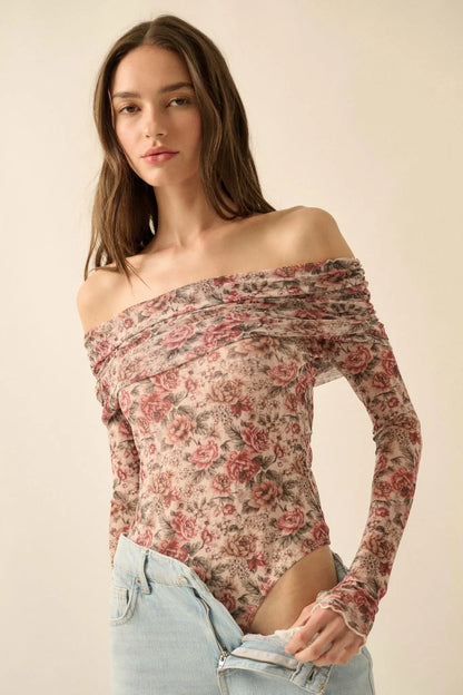Poetic Petals Floral Mesh Foldover Bodysuit