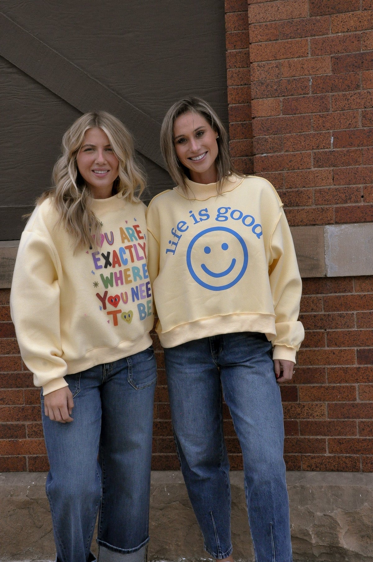 'Life is Good' Reversible Crop Mock Neck Sweatshirt