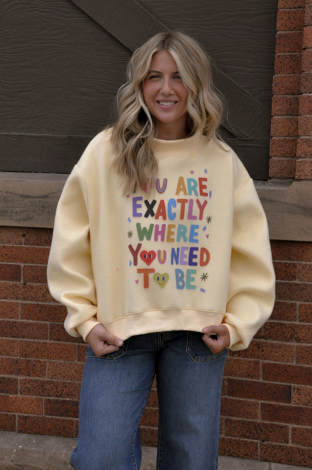 'Life is Good' Reversible Crop Mock Neck Sweatshirt