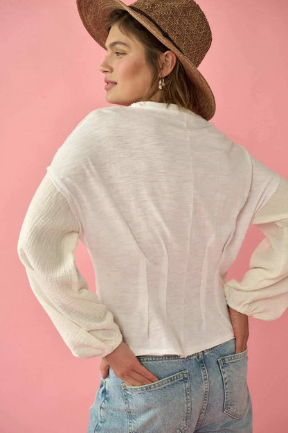 Hopeful Heart Mixed Media Pleated Long-Sleeve Top