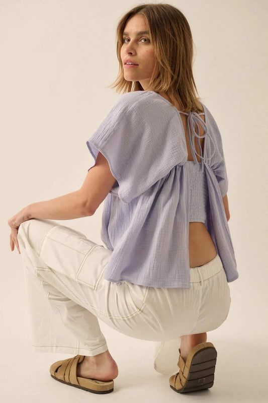 Touch of Love Crinkle Cotton Tie-Back Babydoll Top