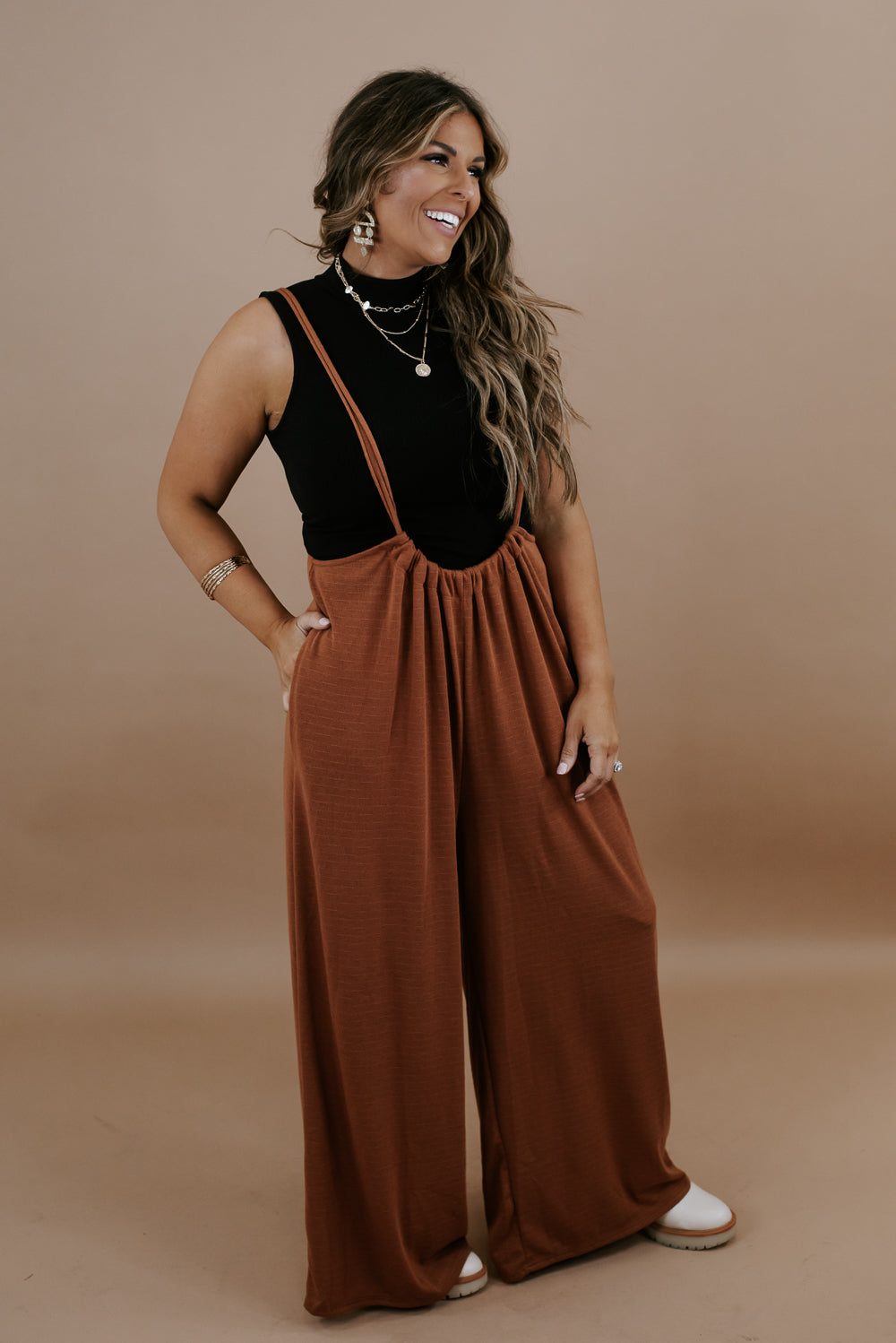 Head Over Heels Suspender Jumpsuit, Camel