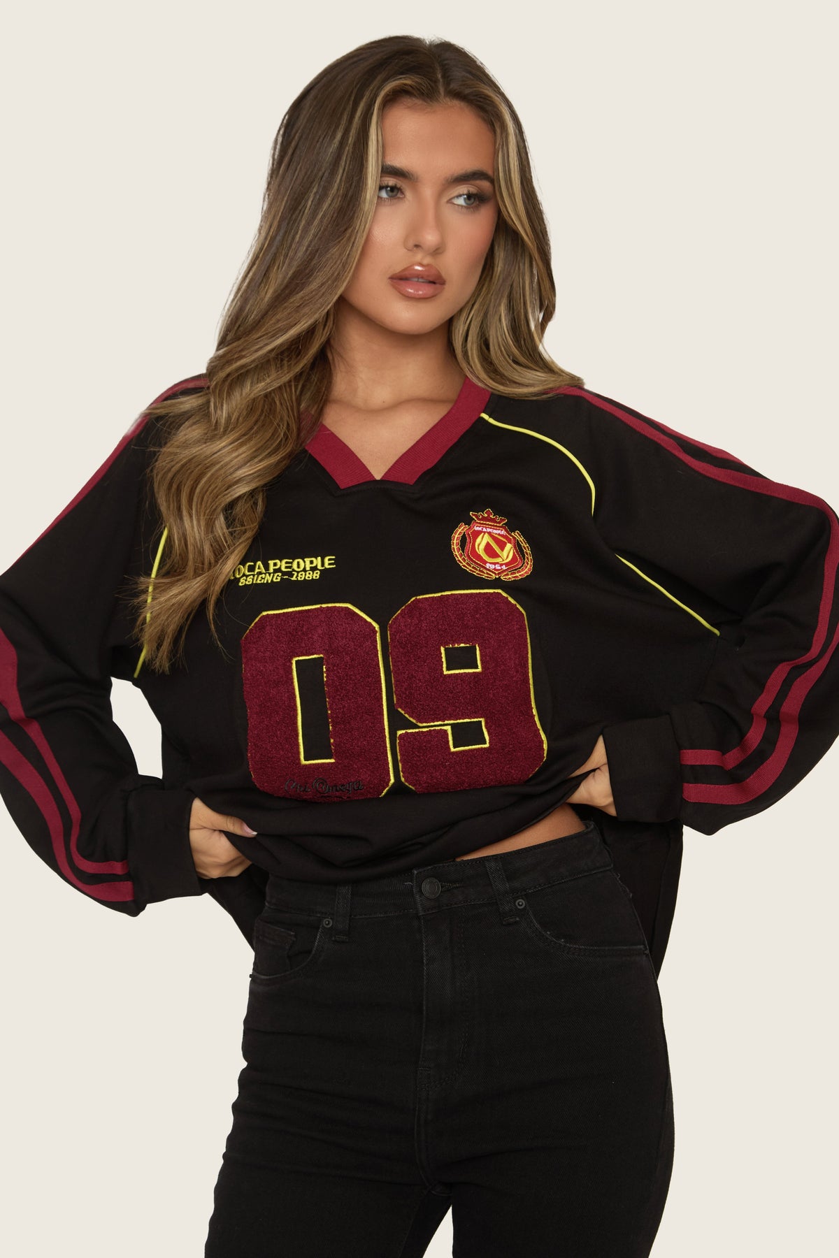 Black Applique Detail Varsity Sweater - Emela