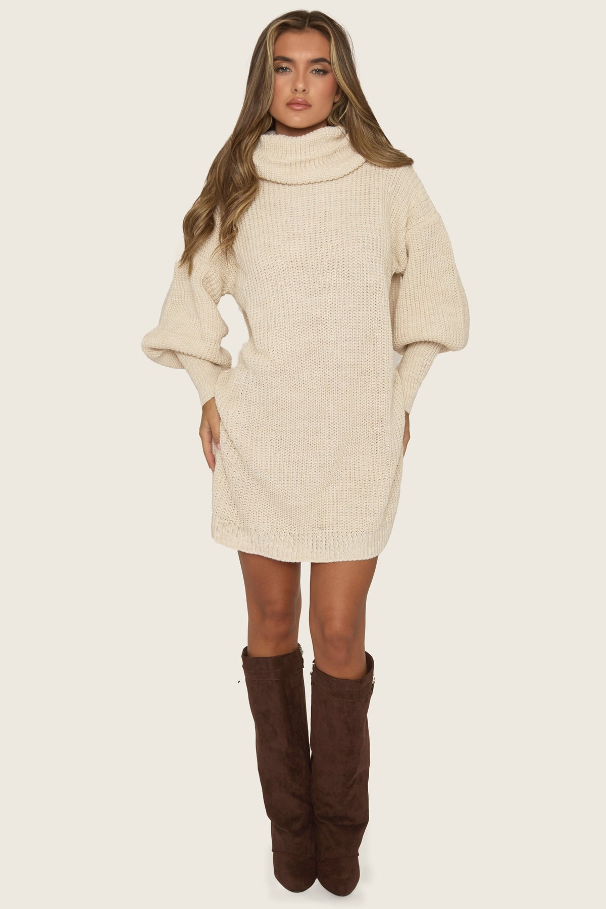 Beige Turtle Neck Knit Jumper Dress - Brooke