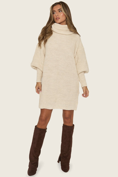 Beige Turtle Neck Knit Jumper Dress - Brooke