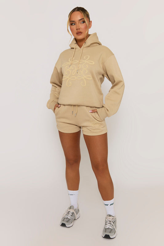 Beige Marl Swirl Motif Hoodie & Shorts Loungewear Co-ord Set - Dimity