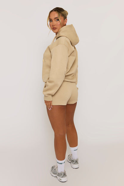 Beige Marl Swirl Motif Hoodie & Shorts Loungewear Co-ord Set - Dimity
