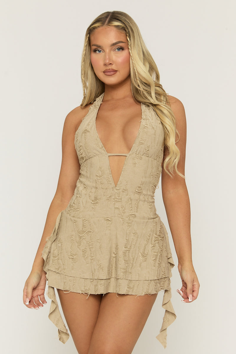 Beige Distressed Plunge Mini Dress - Imelda