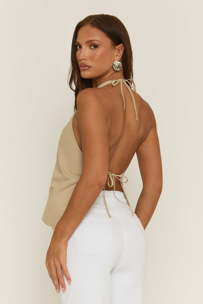 Beige Halterneck Tie Back Waistcoat - Aimee