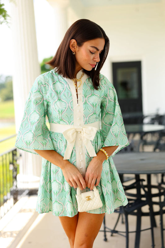 Victoria Mini Dress -  Green Palms
