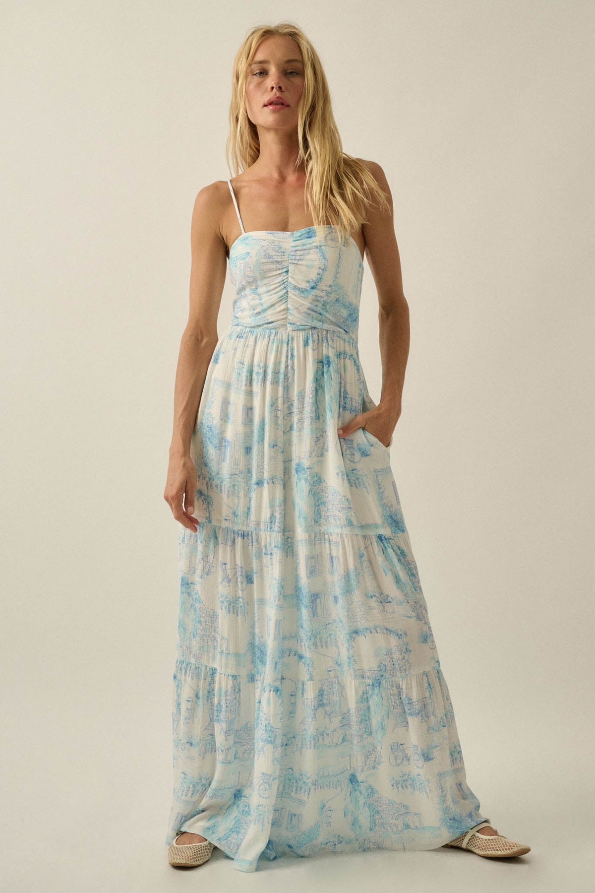 Beautiful View Toile Wide-Leg Tiered Jumpsuit