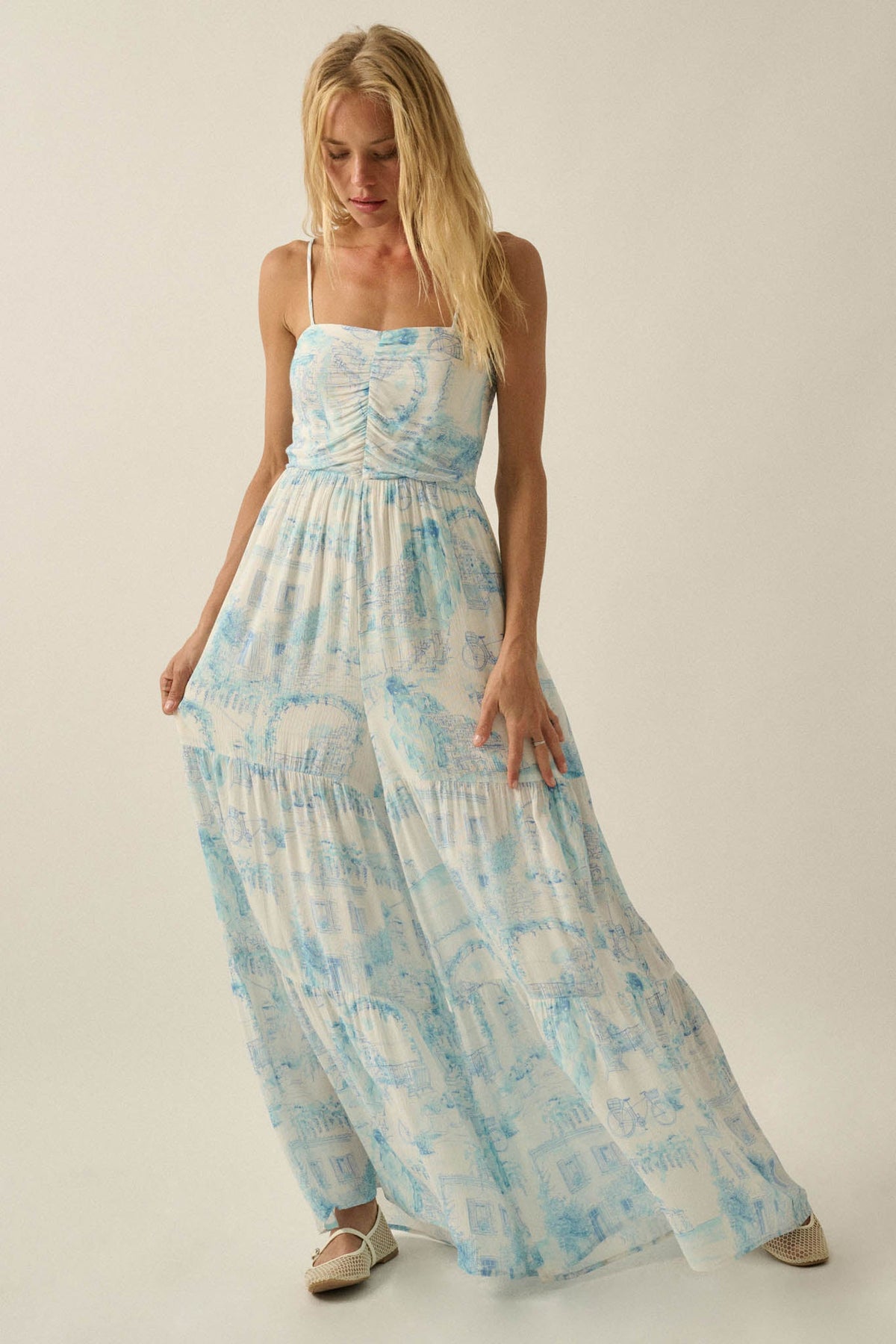 Beautiful View Toile Wide-Leg Tiered Jumpsuit