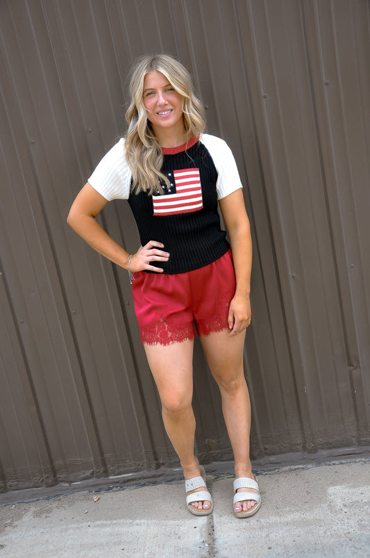 "USA Flag" Raglan SS Ribbed Sweater
