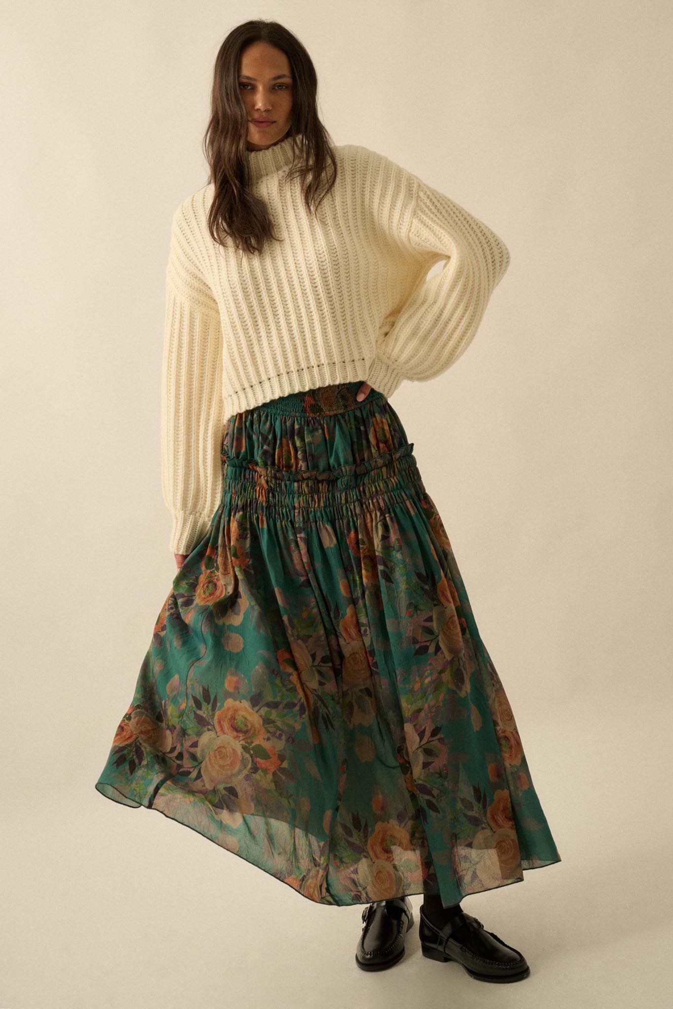 Garden Ramble Smocked Floral Chiffon Maxi Skirt
