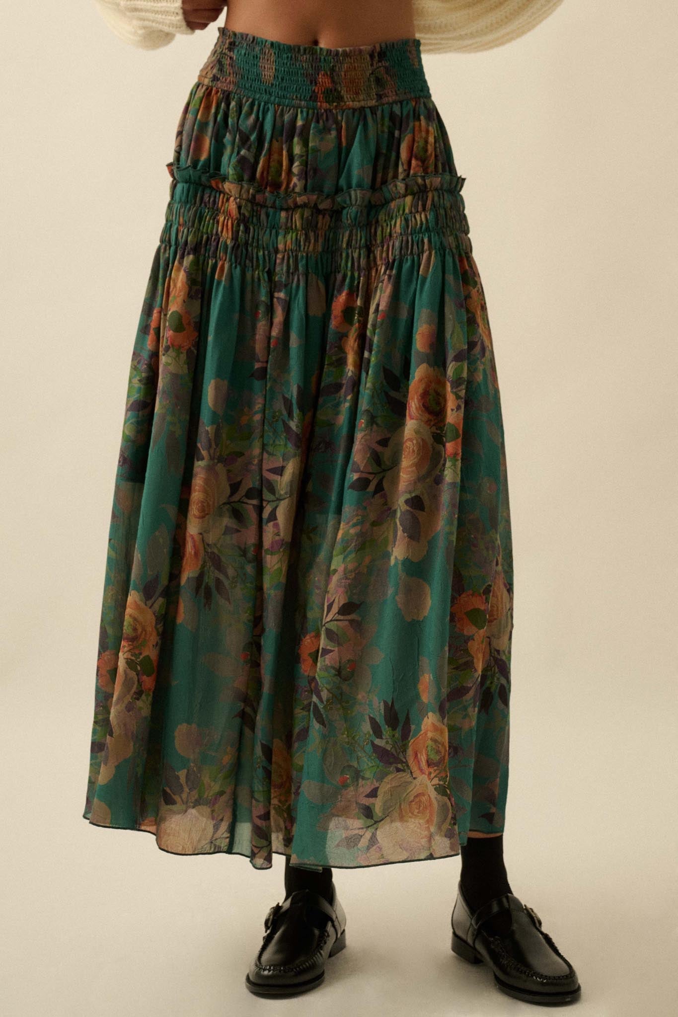 Garden Ramble Smocked Floral Chiffon Maxi Skirt