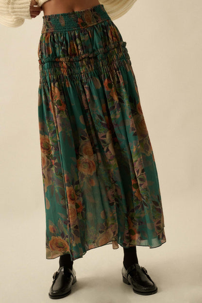 Garden Ramble Smocked Floral Chiffon Maxi Skirt