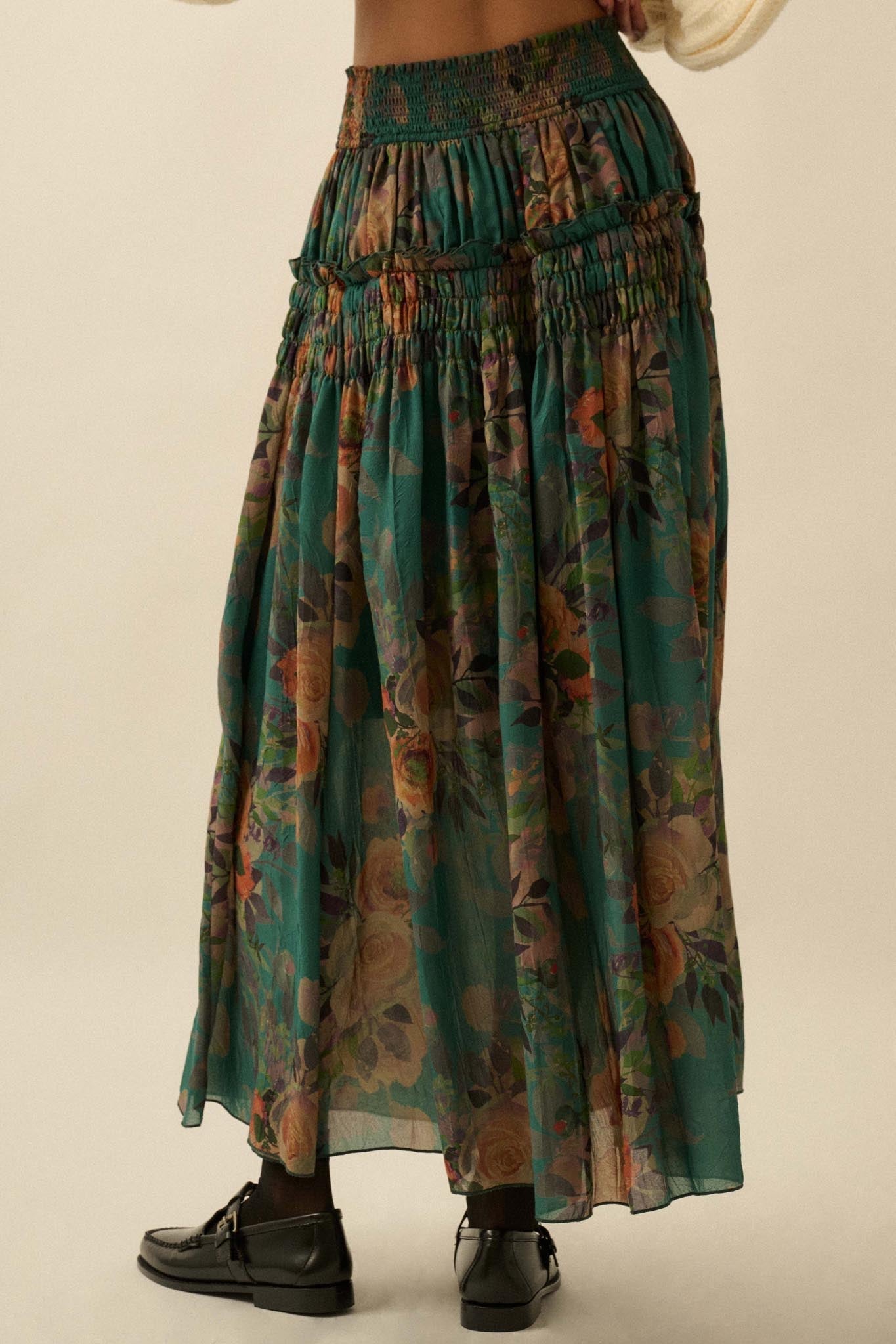 Garden Ramble Smocked Floral Chiffon Maxi Skirt