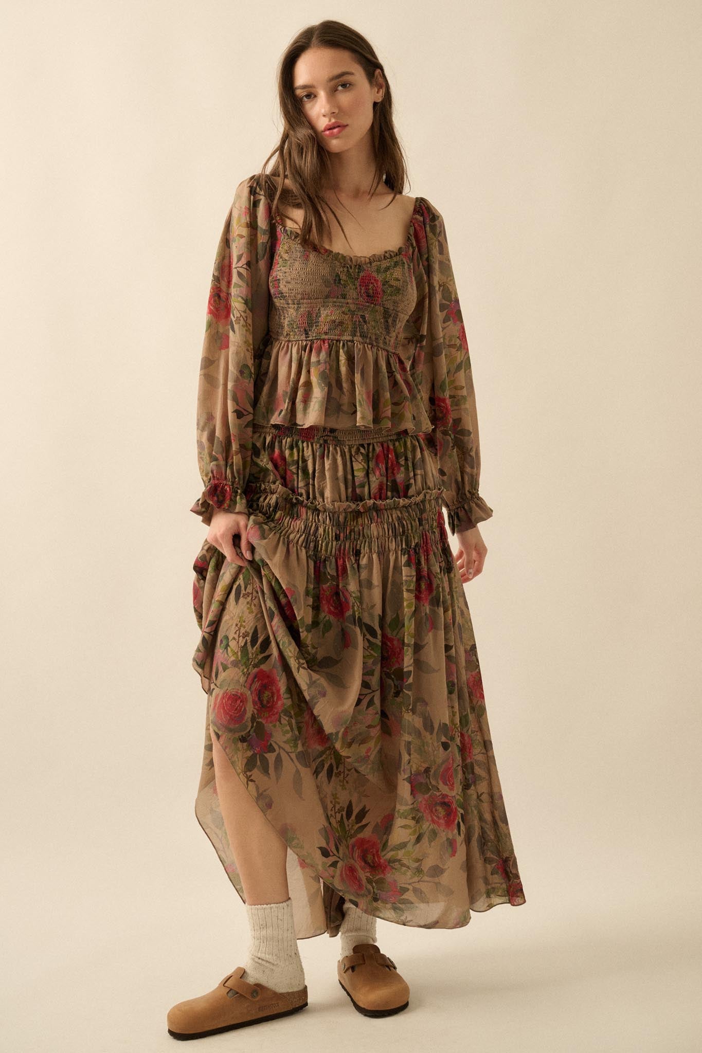 Garden Ramble Smocked Floral Chiffon Maxi Skirt