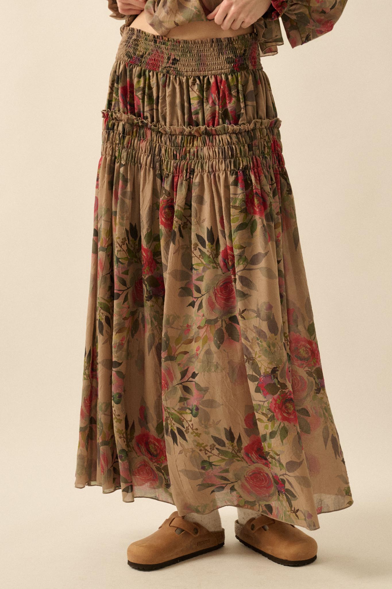 Garden Ramble Smocked Floral Chiffon Maxi Skirt