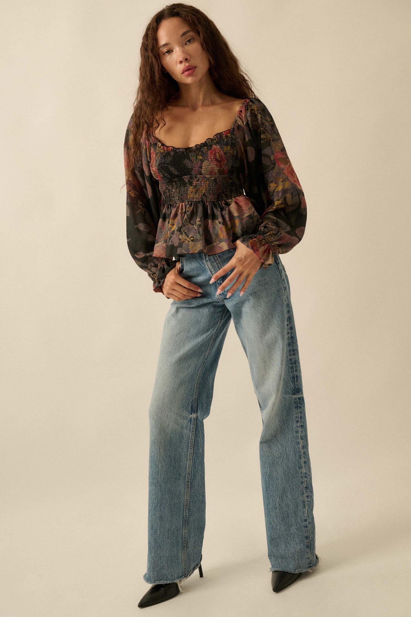 Roaming Blooms Smocked Floral Ruffle Peasant Top