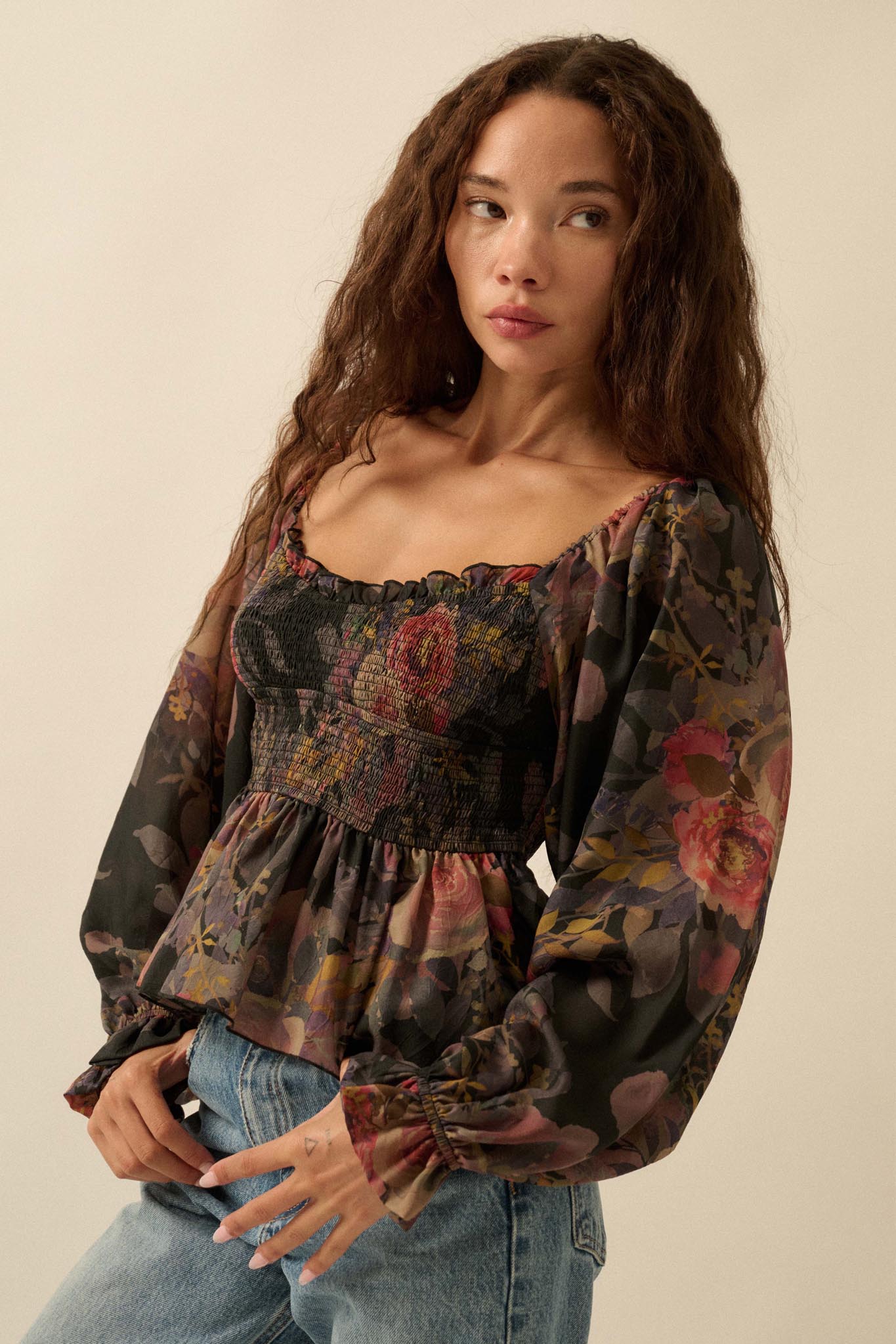 Roaming Blooms Smocked Floral Ruffle Peasant Top