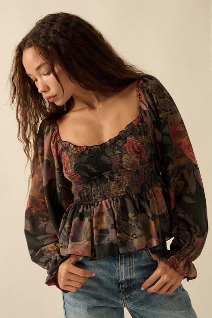 Roaming Blooms Smocked Floral Ruffle Peasant Top