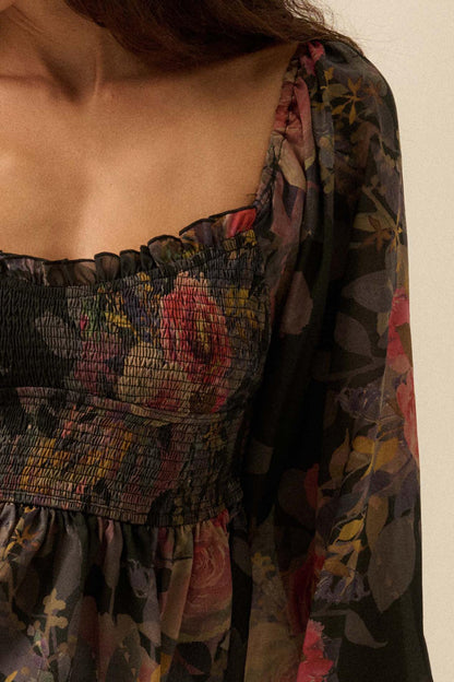 Roaming Blooms Smocked Floral Ruffle Peasant Top