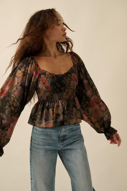 Roaming Blooms Smocked Floral Ruffle Peasant Top
