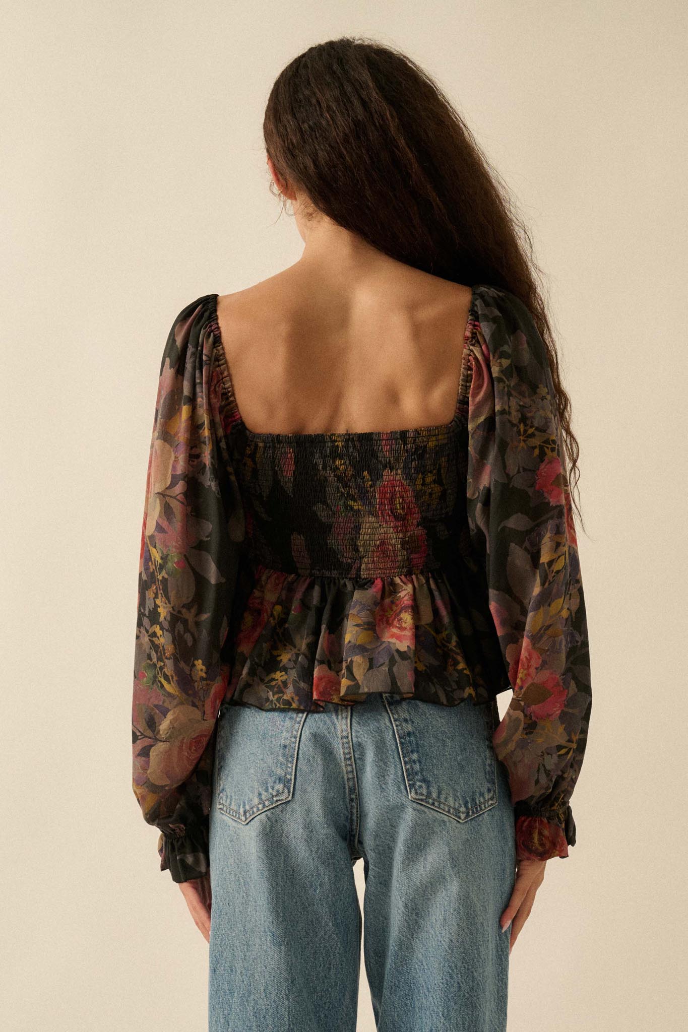 Roaming Blooms Smocked Floral Ruffle Peasant Top