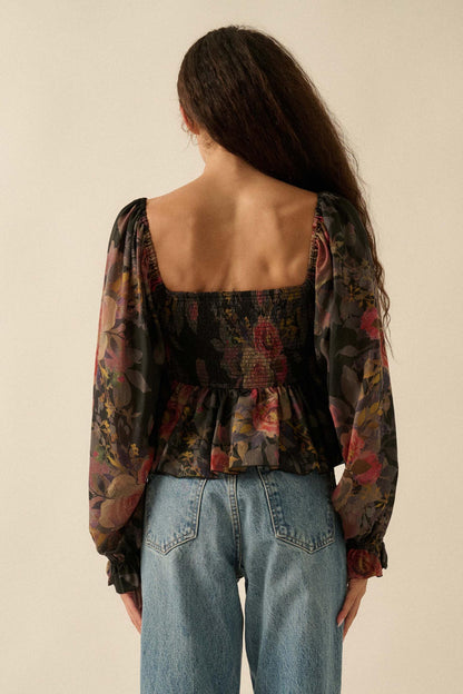 Roaming Blooms Smocked Floral Ruffle Peasant Top