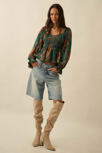 Roaming Blooms Smocked Floral Ruffle Peasant Top