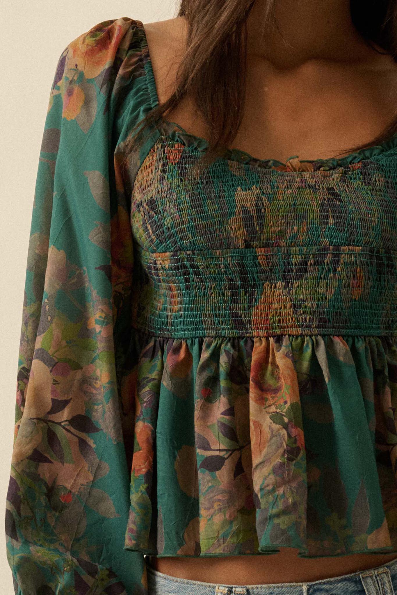 Roaming Blooms Smocked Floral Ruffle Peasant Top