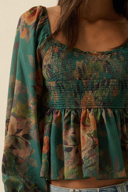 Roaming Blooms Smocked Floral Ruffle Peasant Top