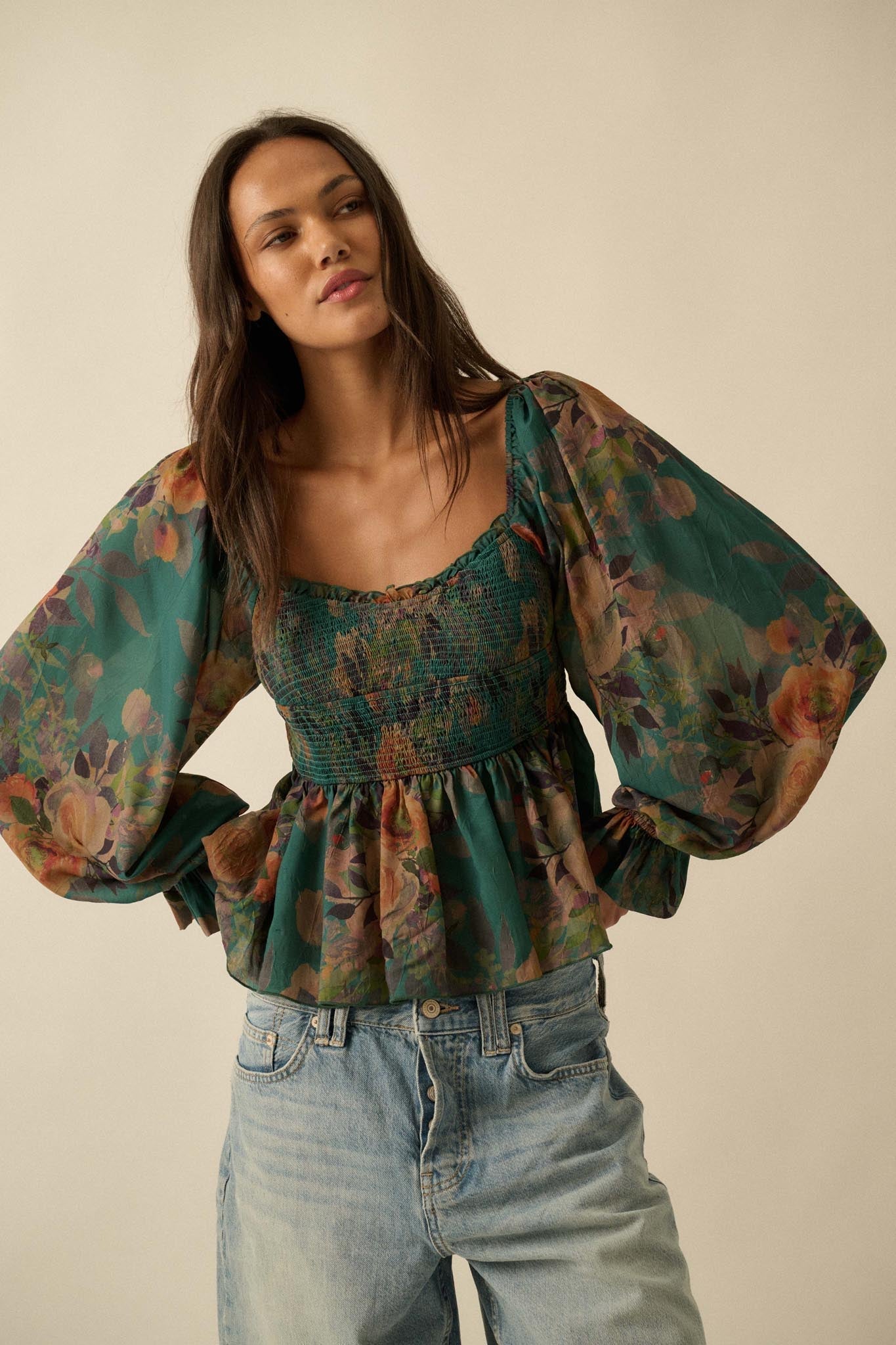 Roaming Blooms Smocked Floral Ruffle Peasant Top