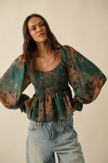 Roaming Blooms Smocked Floral Ruffle Peasant Top