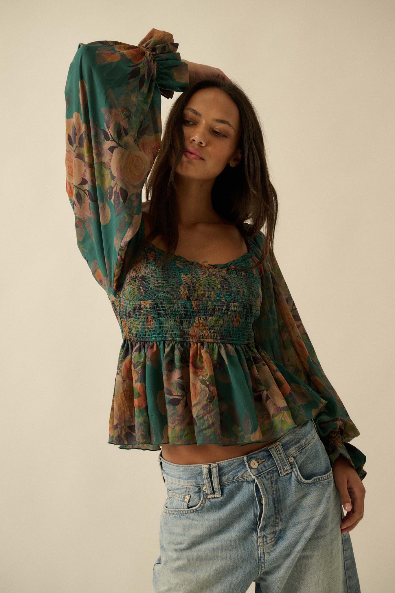 Roaming Blooms Smocked Floral Ruffle Peasant Top