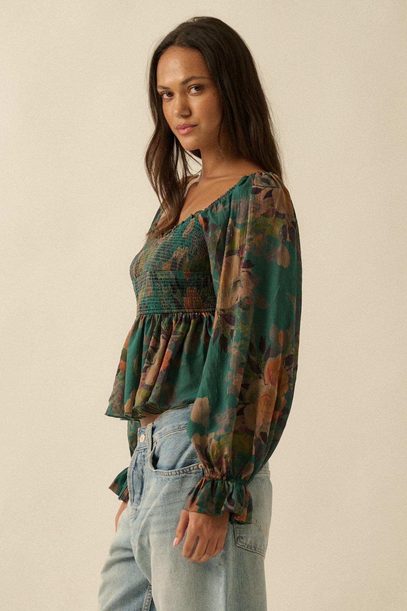 Roaming Blooms Smocked Floral Ruffle Peasant Top