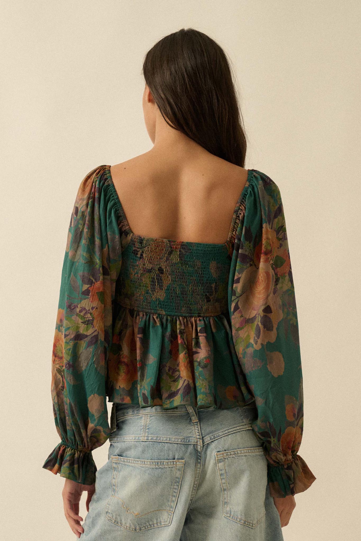 Roaming Blooms Smocked Floral Ruffle Peasant Top