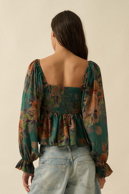 Roaming Blooms Smocked Floral Ruffle Peasant Top