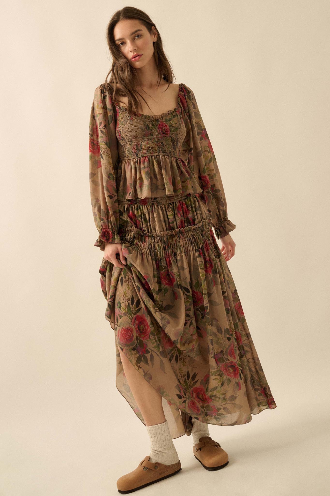 Roaming Blooms Smocked Floral Ruffle Peasant Top