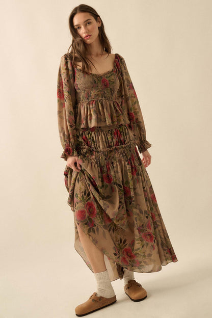 Roaming Blooms Smocked Floral Ruffle Peasant Top