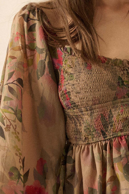 Roaming Blooms Smocked Floral Ruffle Peasant Top