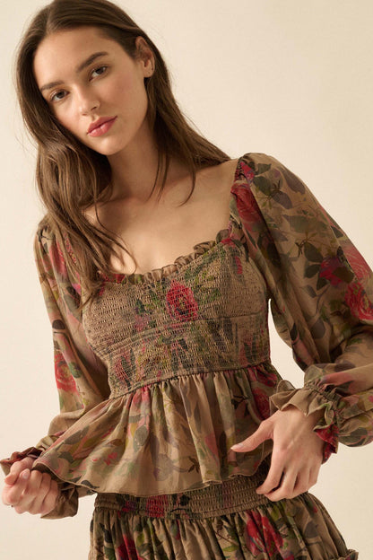 Roaming Blooms Smocked Floral Ruffle Peasant Top