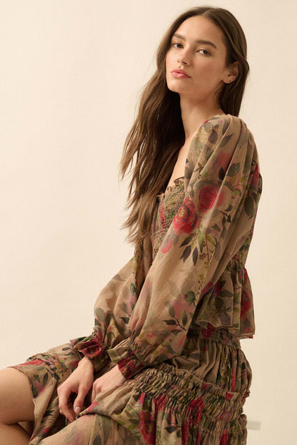 Roaming Blooms Smocked Floral Ruffle Peasant Top