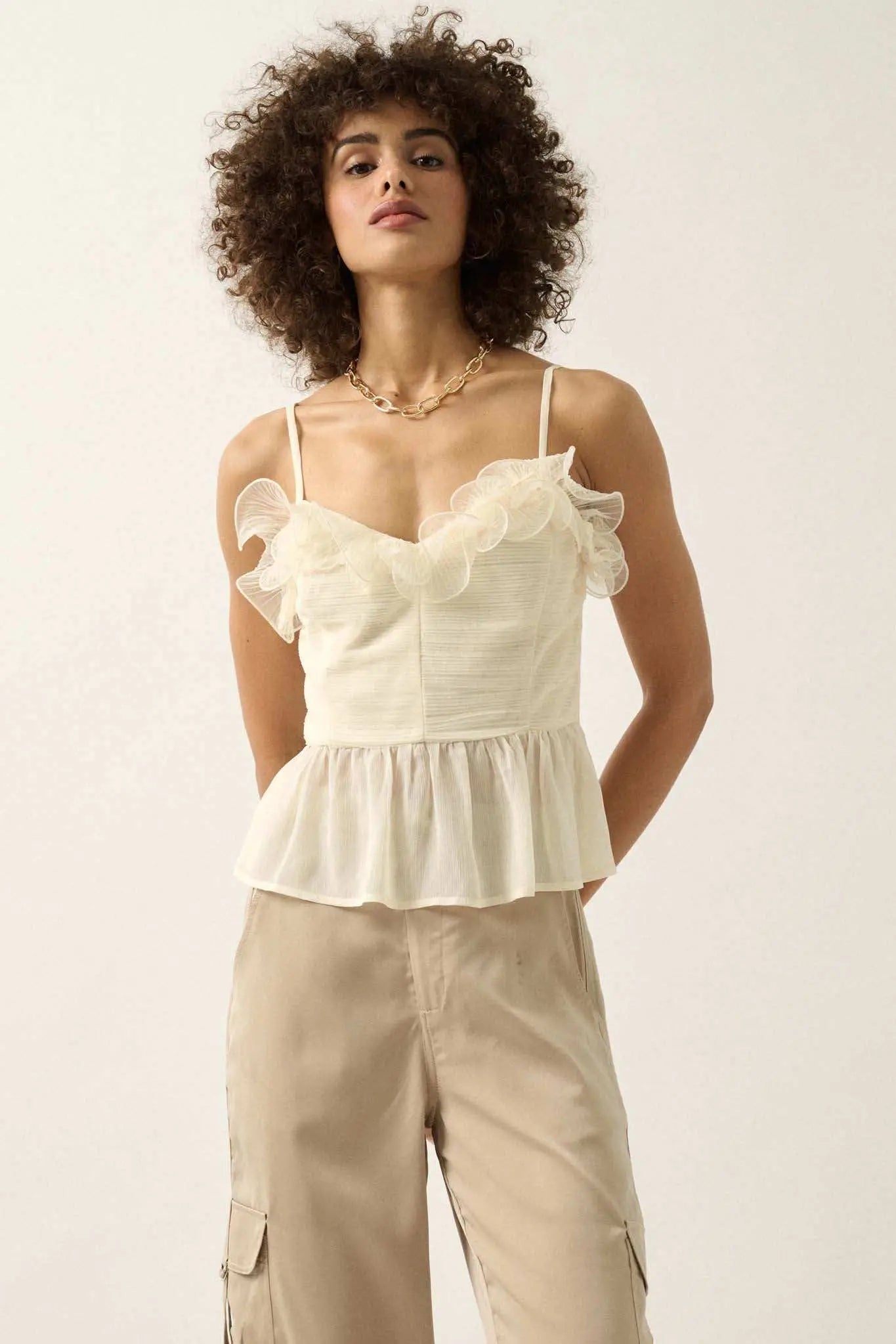 Sunrise Serenade Ruffled Chiffon Peplum Cami Top